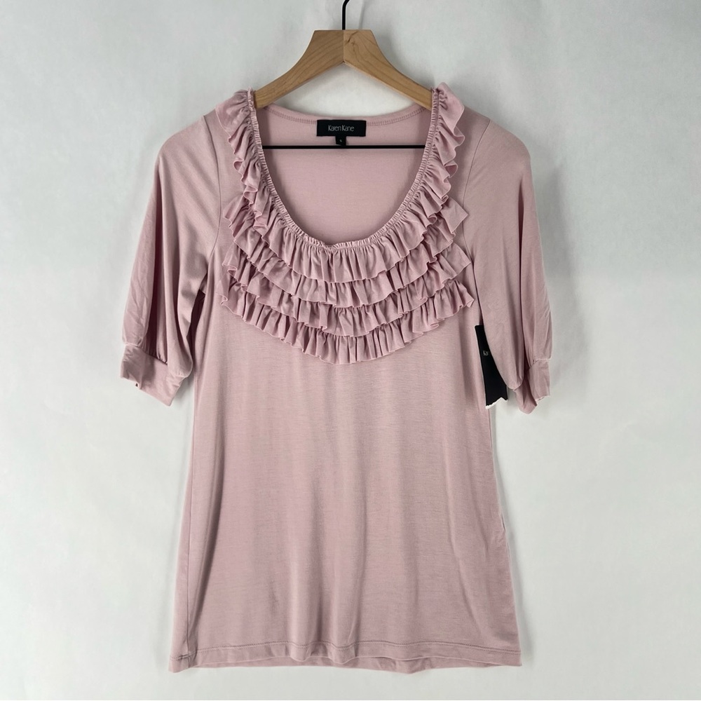 Karen Kane Dream Girl Ruffle Top Scoop Neck Pink Stretch Jersey Knit NWT Size S